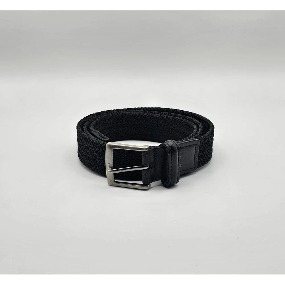Black Stretchy Web Belt Men's‎ Size 42 Dominican Republic Silver Tone Buckle